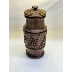 Vintage Wooden Hand Carved Spice / Trinket Jar 8" Tall Floral Design